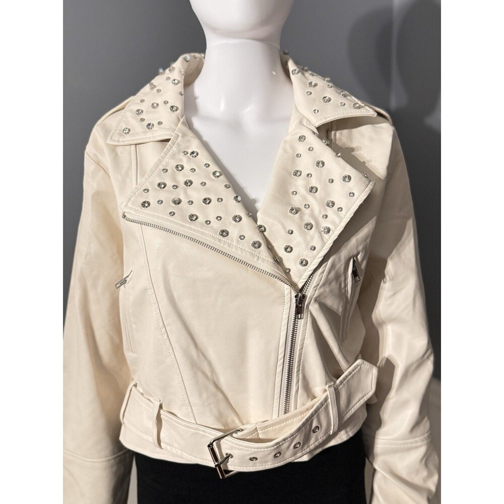 12TH TRIBE Embellished Faux Leather Moto Jacket Crazy in Love Spellout SZ L